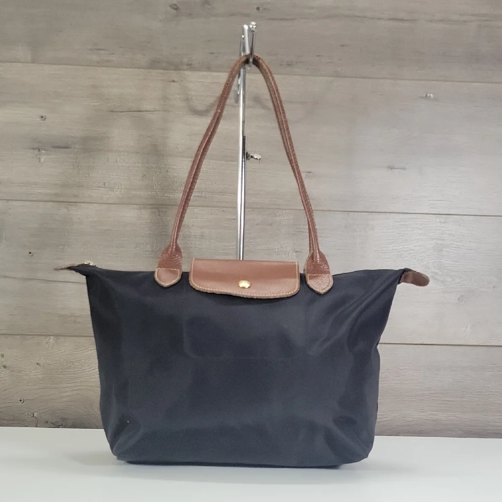 Longchamp Lepliage Black Tote Bag with Brown Leather Trim